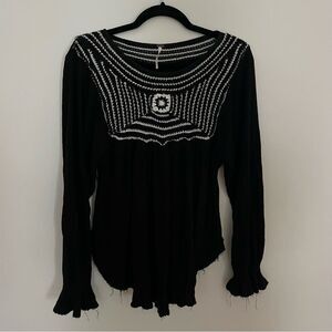 Free People Soul Mate Black Waffle Crochet Knit Sweater Size Small